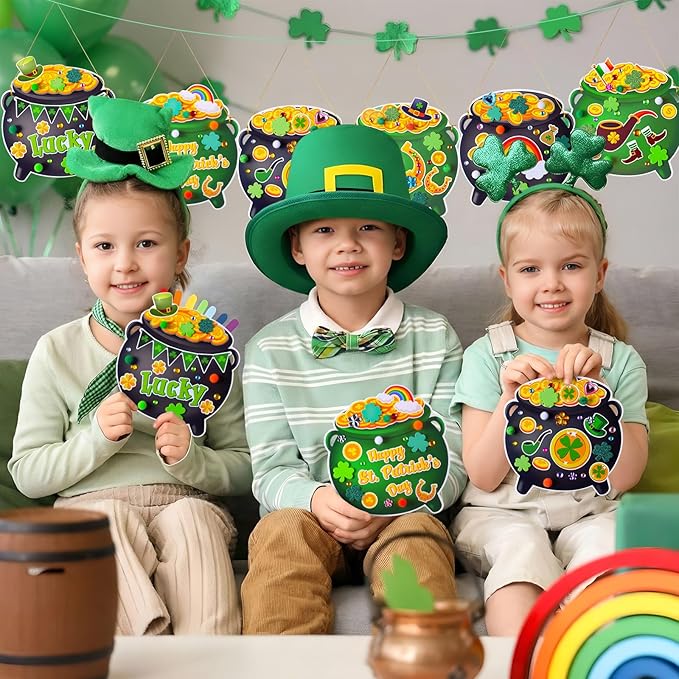 Funrous 48 Sets St. Patrick's Day Crafts Kit Pot of Gold Paper Crafts Bulk DIY Irish Green Shamrock Lucky Clover Coin Jar Leprechaun Hat Hanging Ornaments for Classroom Activities Arts Party Favors