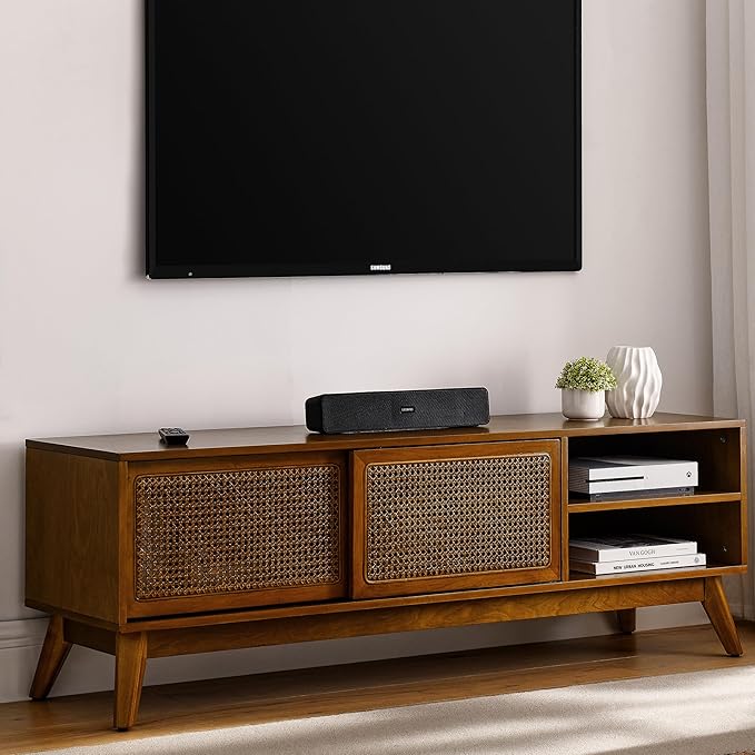 Amposei Mid Century Modern Wooden TV Stand Entertainment Center for 55/60/65 inch TVs, Sliding Rattan Door Console Storage Cabinet with Wood Legs for Living Room, Brown Ebony