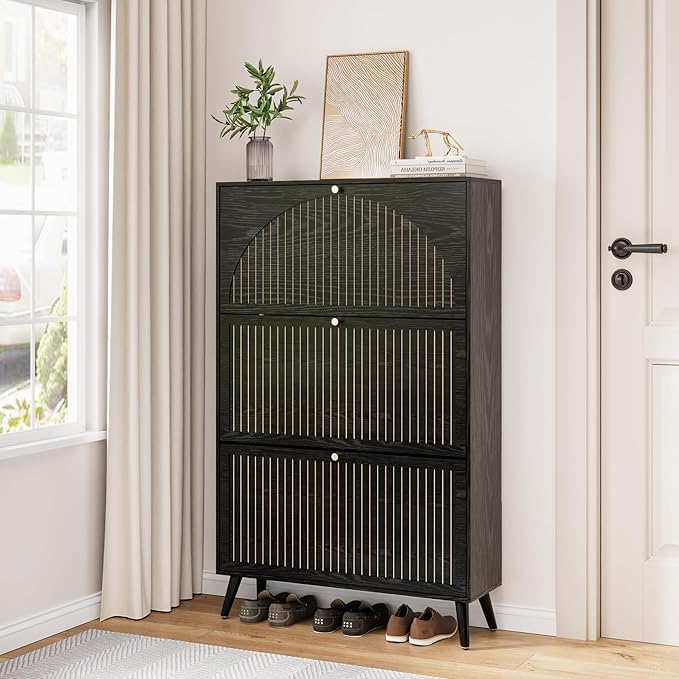 Fsbecl Shoe Storage Cabinet for Entryway with 3 Flip Drawers, Narrow Shoe Organizer with Fluted Panel, Freestanding Wood Hidden Shoe Cabinet for Hallway(Black, 31.4''W, Double Layer)