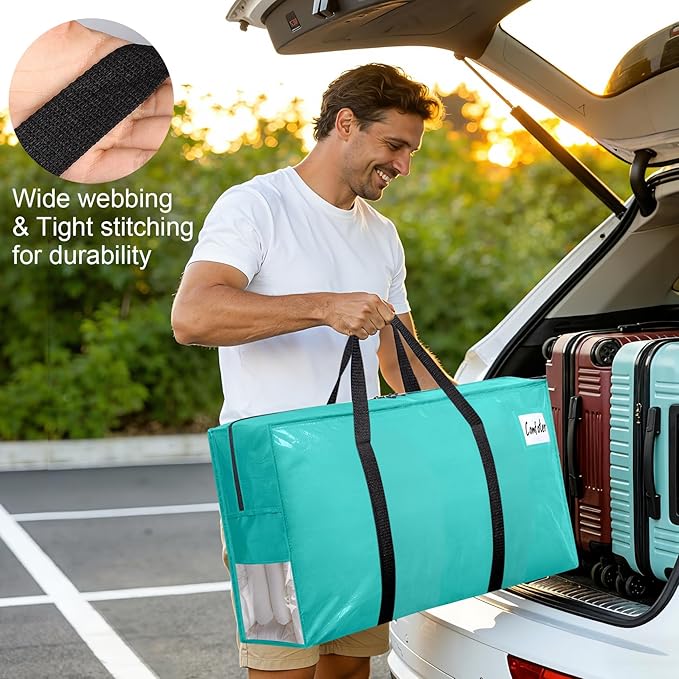6Pcs Extra Large Heavy Duty Moving Bags with Reinforced Zippers & Handles, 67L Waterproof Storage Tote Bag Bins Alternative to Box Moving Supplies Space Saving for Travel College Dorm Essentials Green