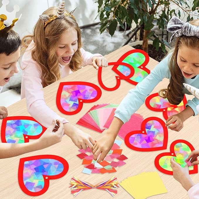 Qyeahkj 36 Set Valentine's Day Suncatchers Craft for Kids DIY Heart Window Tissue Paper Crafts Kit Red Heart Hanging Decor for Valentine School School Home Activity Art Project Party Favor Gift