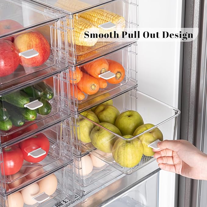4 Pack Stackable Storage Drawers, Plastic Clear Organizer Bins with Handles, Easily Assemble for Undersink, Kitchen Cabinet, Fridge, Closet, Pantry, Office, Bathroom