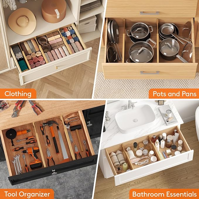 Lifewit 5" High 6 Pack Bamboo Drawer Dividers 33-42cm/13-16.5" Adjustable Wooden Drawer Organizer for Clothes/Utensils, Expandable Drawer Separator for Dresser/Kitchen/Bedroom/Office Organization