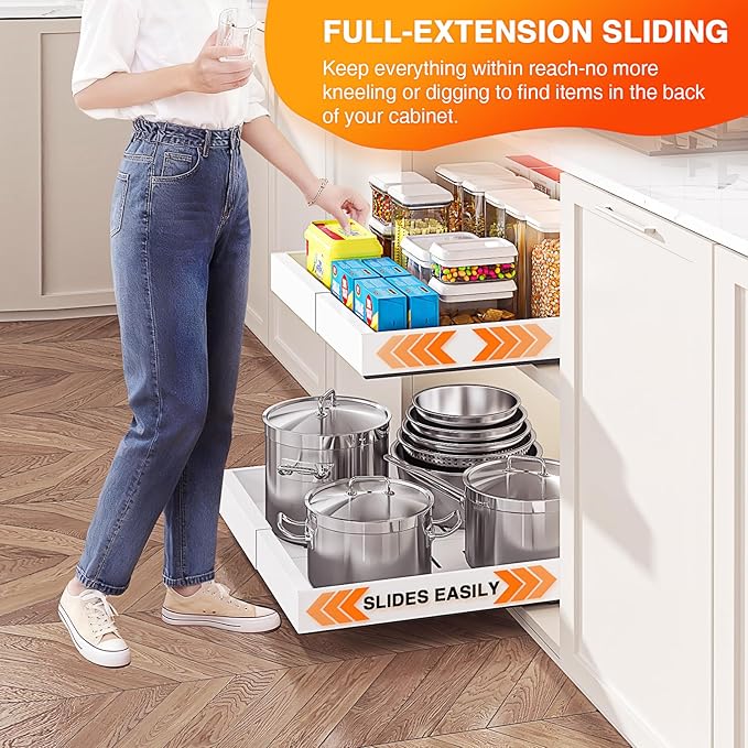 LEGUANG Expandable Pull-Out Cabinet Organizers (12.6-20.4" W x 16.54" D) - Upgraded 3 Quiet Slide Rails, Nano-Film Adhesive Fixing, White, Fit Kitchen/Living Room/Bathroom/Vanity
