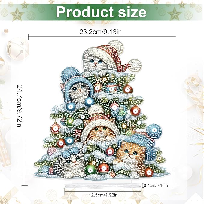 5D Diamond Art Painting Ornament Kits Christmas Tree Cats, DIY Diamond Art Painting Desktop Ornament, Special Shaped Crystal Rhinestone Diamond Art Table Top Home Office Christmas Decor (23.2x24.7cm)