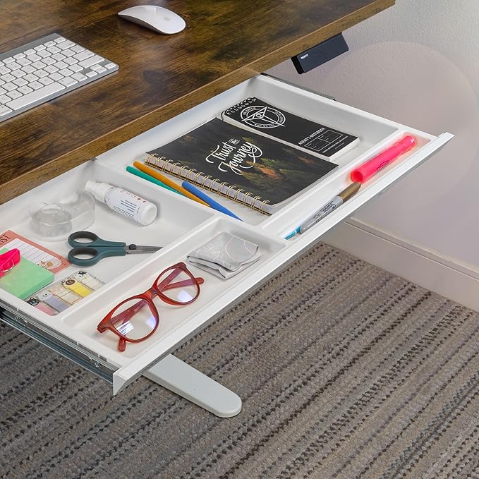Mount-It! Under Desk Drawer with 4 Compartments, Deep Low-Profile Slide-Out Storage Organizer, 25.8″ x 12.5″ x 1.6″, Smooth Glide Pull-Out Tray for Traditional & Single Motor Standing Desks, White