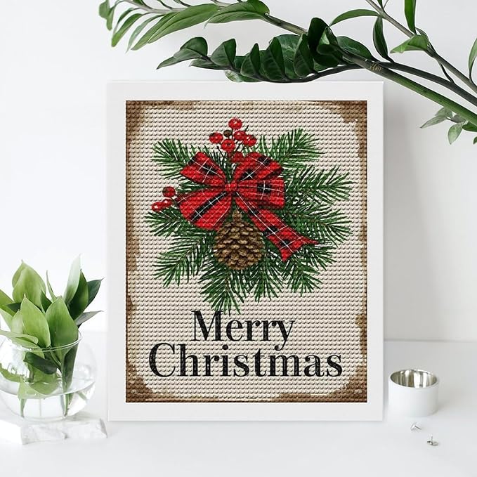 AIVKIEJK Diamond Painting Kits for Adults - Merry Christmas Holly, Pine Cones & Red Plaid Bow Painting DIY 5D Full Drill Diamond Dots Paintings with Diamonds Gem Art and Crafts Home Decor 16"x20"