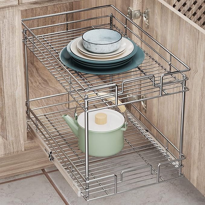 ROOMTEC New Version Pull Out Cabinet Organizer for Base Cabinet (20" W X 21" D), Kitchen Cabinet Organizer and Storage 2-Tier Cabinet Pull Out Shelves Under Cabinet Storage for Kitchen Silver,Chrome