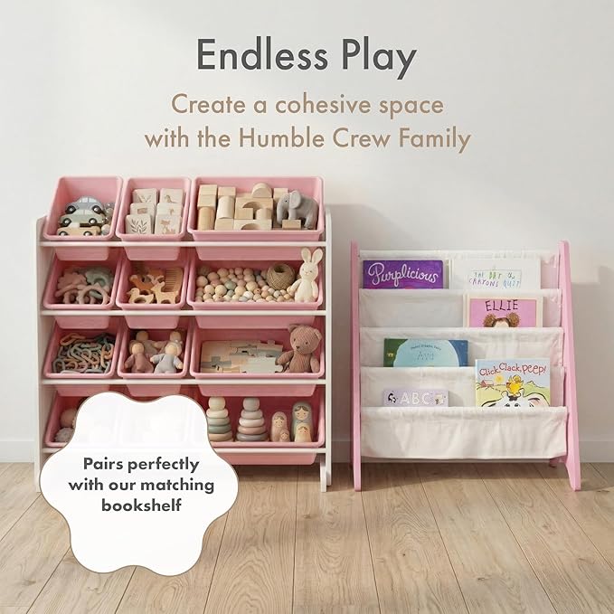 Humble Crew Kids Toy Storage Organizer with 12 Plastic Bins, White/Pink – Removable Bins for Playroom, Bedroom, Toddler Furniture for Boys and Girls Ages
