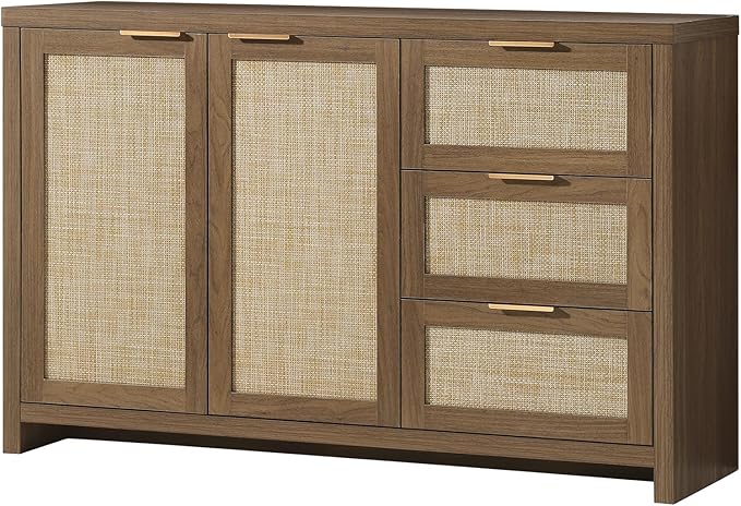 OAKHAM HOME Kitchen Storage Cabinets, Buffet Cabinet with Storage Rattan Sideboard Cabinet Organizer 3 Drawers and 2 Doors Accent Console Table for Kitchen Hallway Living Room bar (Special Walnut)