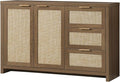 OAKHAM HOME Kitchen Storage Cabinets, Buffet Cabinet with Storage Rattan Sideboard Cabinet Organizer 3 Drawers and 2 Doors Accent Console Table for Kitchen Hallway Living Room bar (Special Walnut)