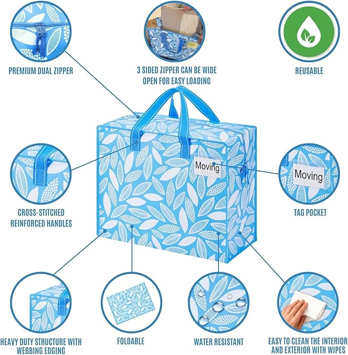 VENO 4 Pack Heavy Duty Moving Bags, Storage Bags, Packing Supplies, Top Zipper, Storage Totes for Camping, Clothes, Bedding, Comforters, Pillows (13 Gallon,Spring Breeze, 4 Pack)