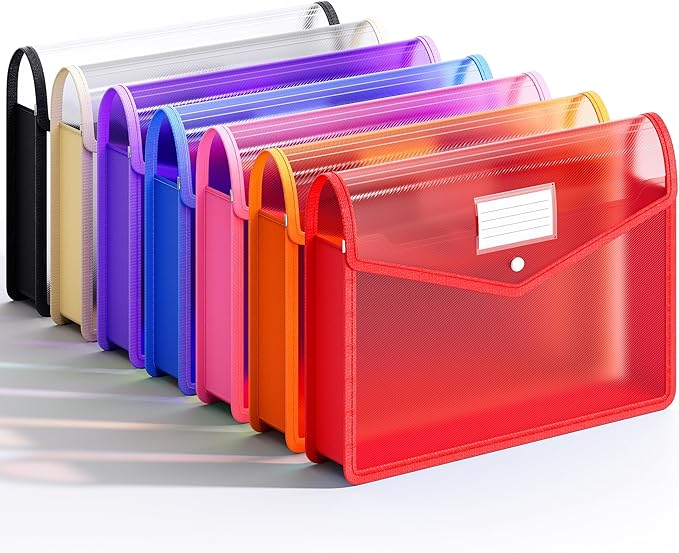 7 Pack Plastic Expanding File Folder, Transparent envelopes with Snap Closure, Fit Legal/B4 Size for School/Office/Home/Hospital, No Dividers, Large Capacity-7 Colors