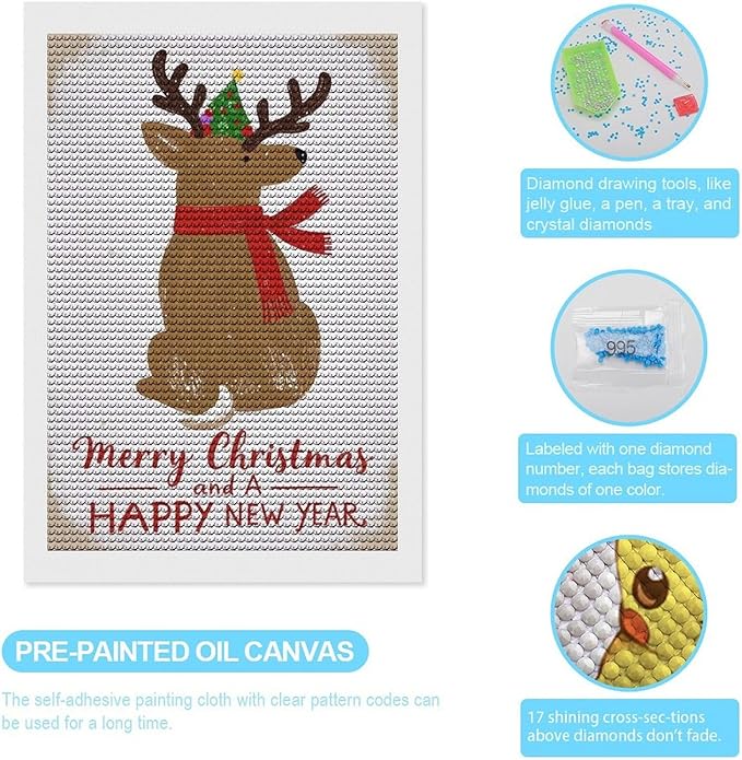 AIVKIEJK Diamond Painting Kits for Adults - Merry Christmas and Happy New Year Red Antlers & Scarf Painting DIY 5D Full Drill Diamond Dots Paintings with Diamonds Gem Art and Crafts Home Decor 8"x12"
