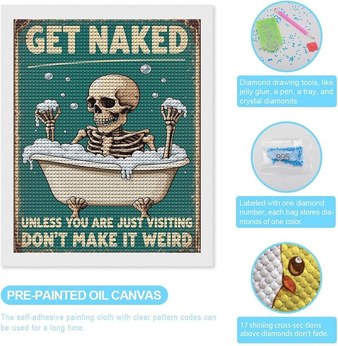 KIVJMSIDJA Diamond Art Kits for Adults Skull —Get Naked Unless You are Just Visiting DIY Round Diamond Art for Home Wall Decor & Crafts Gifts 16"x20"