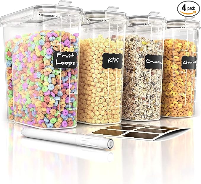 Simply Gourmet Airtight Cereal Containers with Lids – 4 Piece Tall Kitchen Pantry Organization Set, BPA-Free Clear Plastic, Pour Spout Lids for Breakfast Cereal, Rice, Flour, Sugar, Snacks