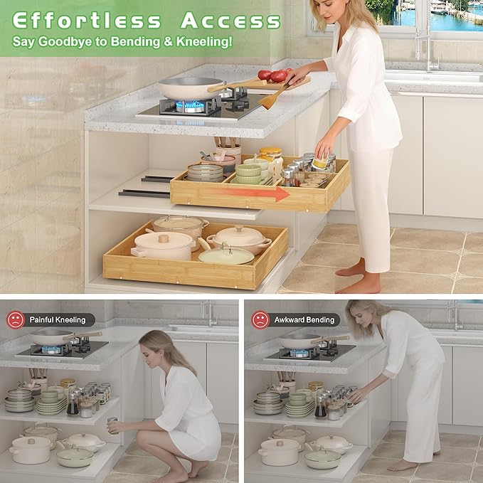 No Drill Pull Out Drawers for Cabinets, 20" W x 21" D Bamboo Adhesive Cabinet Organizer, Slide Out Shelves for Kitchen Pantry Bathroom Storage