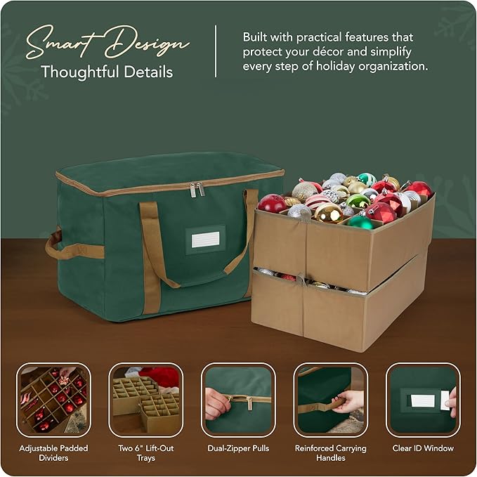Covermates Keepsakes Adjustable Ornament Storage Bag – Heavy-Duty Polyester, Padded Dividers & FlexGrid Trays – Protective Holiday Ornament Organizer with Handles & Label Window, Green