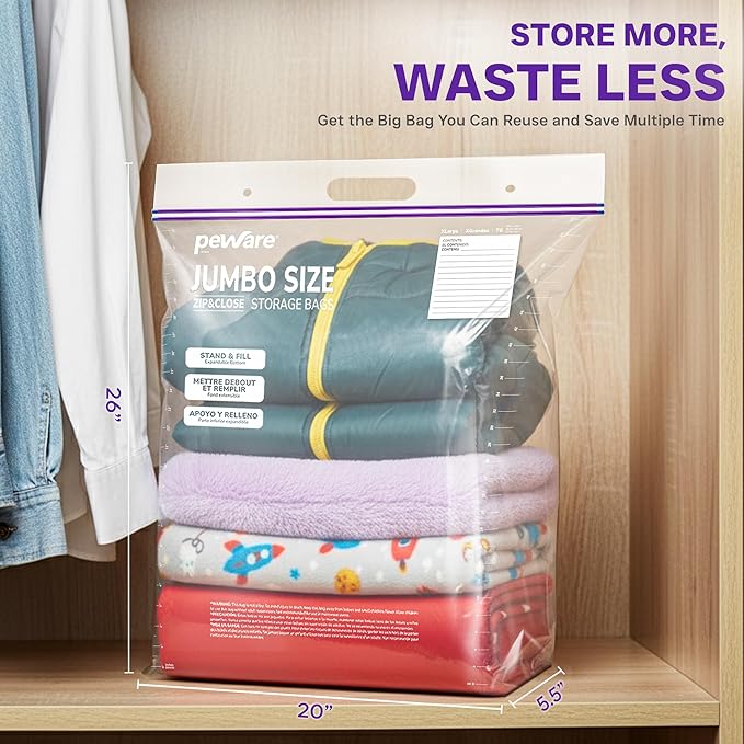 10 Gallon Heavy Duty Large Storage Bags with Handle – 20" x 26" Resealable Zipper Top, Oversized Storage Solution for Clothes, Food, Pillow, Bedding, Household, BPA-Free, Pack of 15, 6 Mil Thick