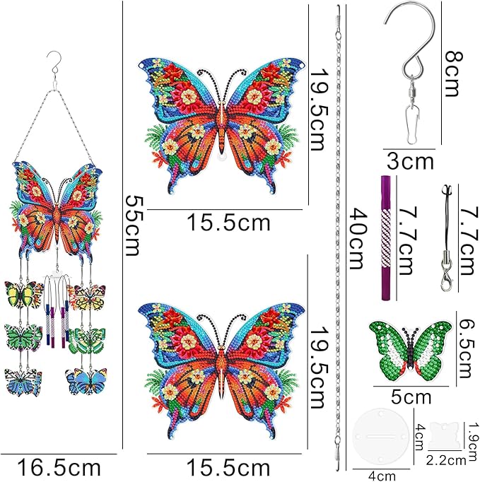 Butterfly Gem Art Wind Chime 5D DIY Kits Butterfly Diamond Art Painting Wind Chimes Hanging Ornaments Double Sided Special Shaped Crystal by Number Mosaic Wind Chime Pendant for Yard Tree Patio Decor