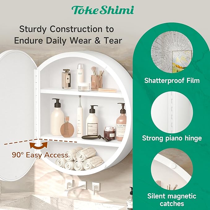 TokeShimi 20 Inch Round White Framed Medicine Cabinet for Bathroom with Vanity Mirror Small Metal Bathroom Mirrored Cabinet for Wall Mounted Only Circle Farmhouse Medicine Cabinet Detachable Shelves