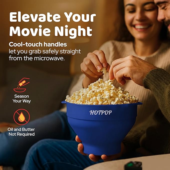 The Original Hotpop Microwave Popcorn Popper, Silicone Popcorn Maker, Collapsible Bowl BPA-Free and Dishwasher Safe- 20 Colors Available (Blue) (Pack of 2)