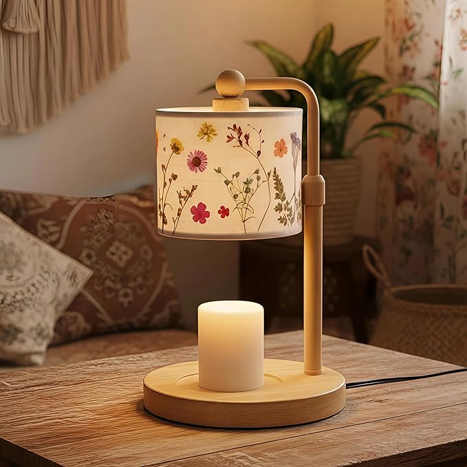 Baquler Pressed Flower Candle Warmer Lamp with Timer Dimmable Adjustable Height Vintage Boho Flower Candle Wax Lamp Housewarming Gifts for Women Mom Birthday Home Bedroom Decor(Boho Style)