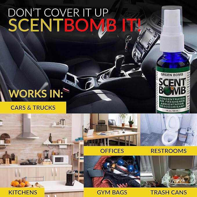 Scent Bomb Air Freshener Spray, Long-Lasting Odor Eliminator - Effective Deodorizer for Home & Car, Fresh Room Spray for Kitchen, Bathroom & Smell Neutralizer - 1 oz Pack of 4, Green Bomb Scent