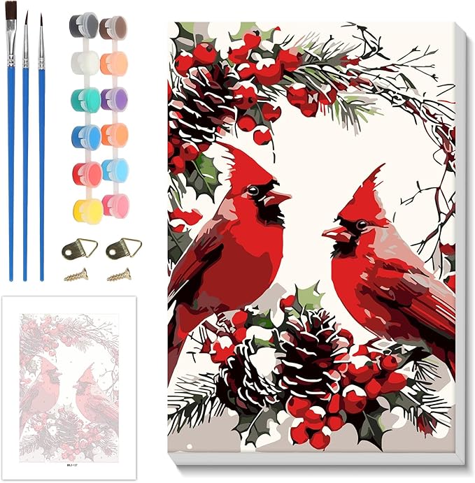 Skyboda Cardinal Paint by Numbers Kit for Adults Beginners with Frame, Christmas Adult Paint by Number Kits on Canvas, Easy DIY Oil Painting Kits for Home Decor, 8x12in
