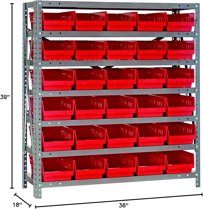 Quantum Storage Systems 1839-104RD Steel Shelving Unit with 4" Shelf Bins, 18" D x 36" W x 39" H, Red