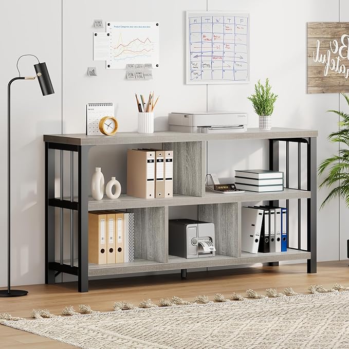 IBF Industrial Horizontal Bookshelf, Modern 5 Cube Storage Organizer Open Shelf, Low Wide Cubby Bookcase for Home Office Living, Wooden Metal Short Book Shelf Bedroom Storage, Light Grey Oak, 47 Inch