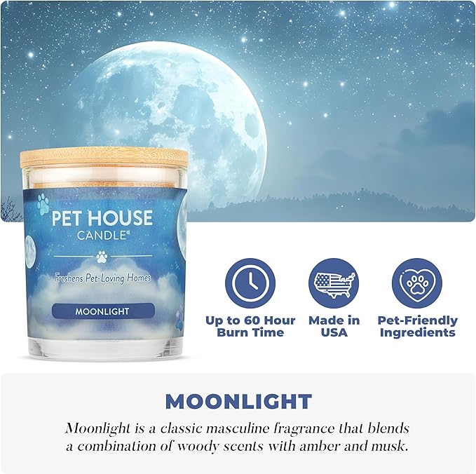 One Fur All Pet House Candle Plant-Based/Soy - Clean Burning Scented, Long Lasting Pet Odor Candle for Home - Moonlight