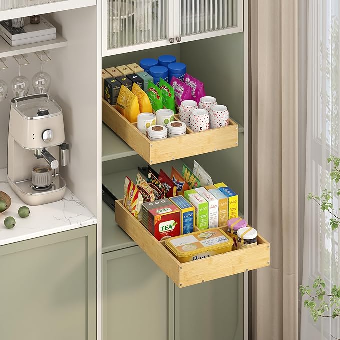 Bamboo Pull Out Cabinet Organizer, 14" W x 21" D No Drill Adhesive Slide Out Drawers, Pull Out Shelves for Kitchen Pantry Bathroom Storage