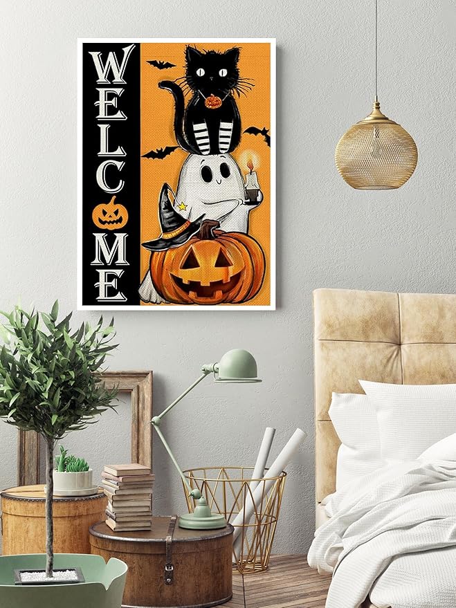KINPLUB Halloween Diamond Painting Kits for Adults, Cat Ghost Pumpkin 5D Diamond Art Kits for Beginners, DIY Full Round Drill Paint by Diamonds Dots, Home Wall Decor 12 x 16 Inch