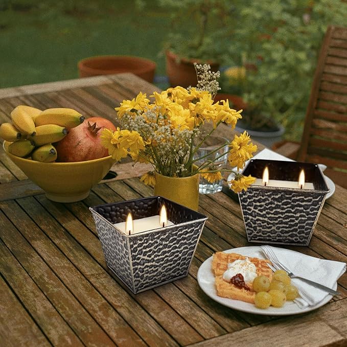 Citronella Candles 4 Pack - 2 Wicks Outdoor & Indoor Ambience Candles Vintage Hammered Metal Jar, Smokeless Clean Burning, Summer Gift for Patio, Garden, Camping & Picnic