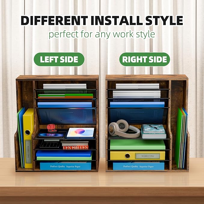 Simple Trending 7 Tier Desk File Organizer, Wooden Letter Tray Paper Organizer with Adjustable File Holder, Mesh Desktop Organizer and Storage for Office Supplies