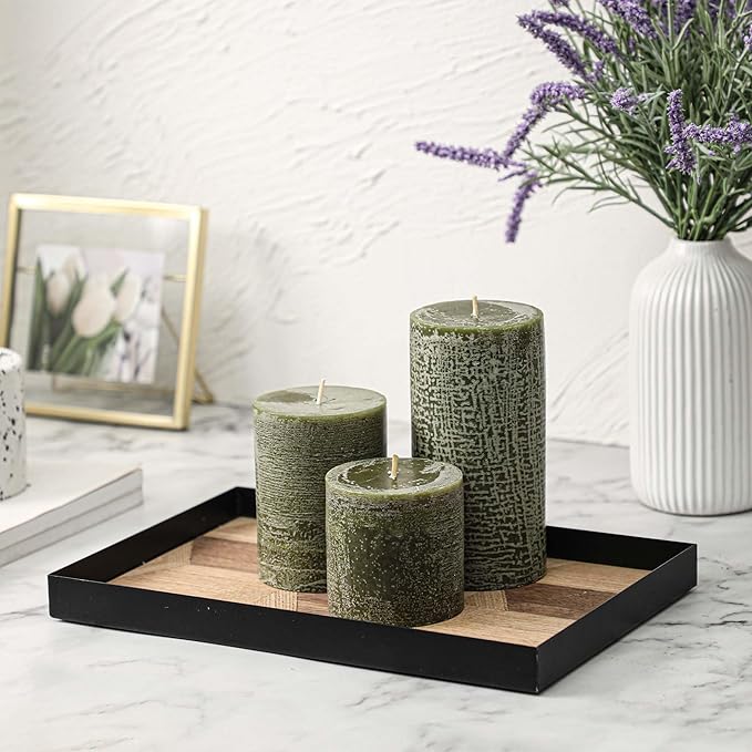3x6 Inch Moss Green Pillar Candles - Set of 3, Long Clean Burning, Smokeless Dripless Candles for Spring Home Decor, Dinner Table, Bathroom, Rustic Decor