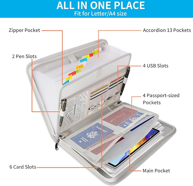Andyer Accordion File Organizer with Lock, Fireproof Expanding File Folder with Tabs, 13 Pockets Important Document Organizer with Handle, Portable Paperwork Business Organizer, Letter/A4-Size(Silver)
