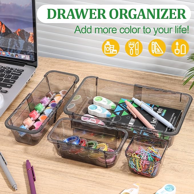 20 PCS Black Expandable Drawer Organizer, 3 Sizes Drawer Organizers and Storage, Vanity Dividers, Acrylic Storage Bins for Makeup, Jewelry Gadgets for Kitchen, Bedroom, Bathroom, Office