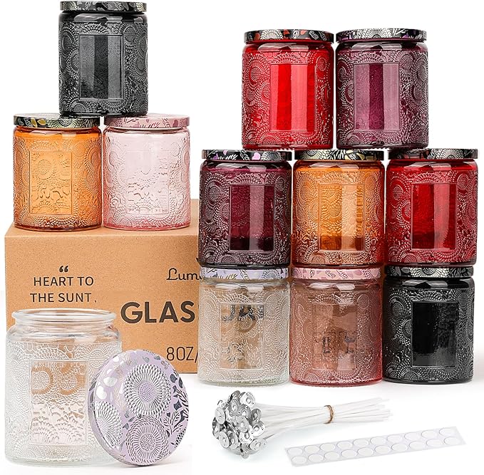 LumaCraft Luxury Embossed Glass Candle Jars for Making Candles - 12 Pack Empty Candle Containers with Airtight Metal Lids, 20 Wicks & 20 Stickers, Colored Glass Jars for Gifts & Decor-8OZ