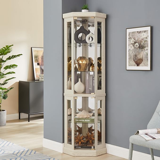 69" H Lighted Curio Cabinet Corner Display Case,Corner Glass Cabinet with Tempered Glass Door and Adjustable Shelves,Wooden Curio Case with Mirrored Back Pane (Style 2 - Antique White)