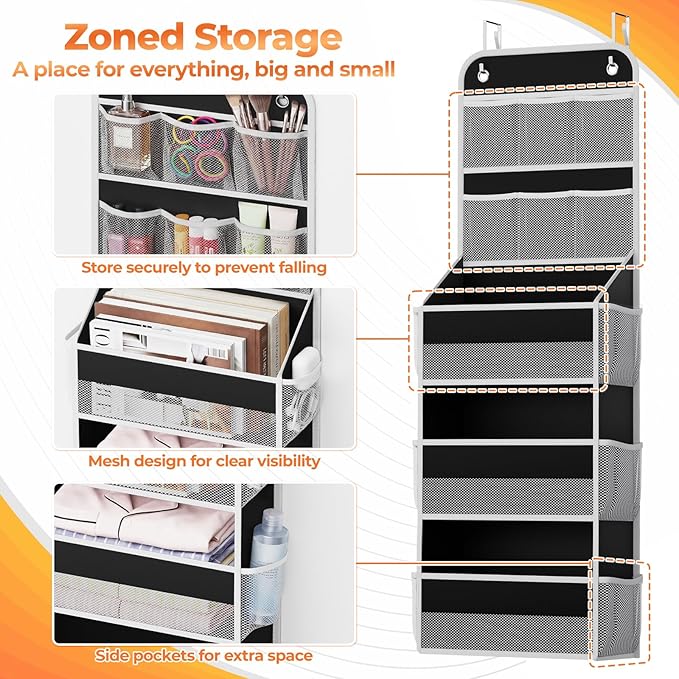 5-Tier Over the Door Organizer with Mesh Pockets, Baby Nursery Storage for Closet, Bathroom and Bedroom, Adjustable Hanging Closet Organizer for Cosmetics, Books and Essentials（Black）