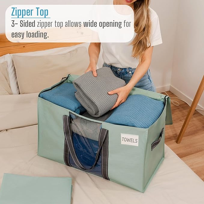 VENO 2 Pack Moving Bags with Clear Window, Heavy Duty Storage Bins with Lid, Around Handles, Tag, Zippers, Extra Large Totes Packing Moving Boxes Supplies for College Dorm Clothes (Light Green)