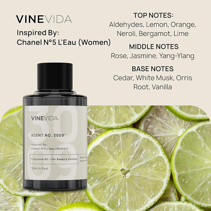 VINEVIDA Scent NO. 3009 Fragrance Oil - 120mL (4oz) - Inspired by: N°5 L'Eau (Women); Candle Fragrance Oil for Soy Candles - Soap Making Scents