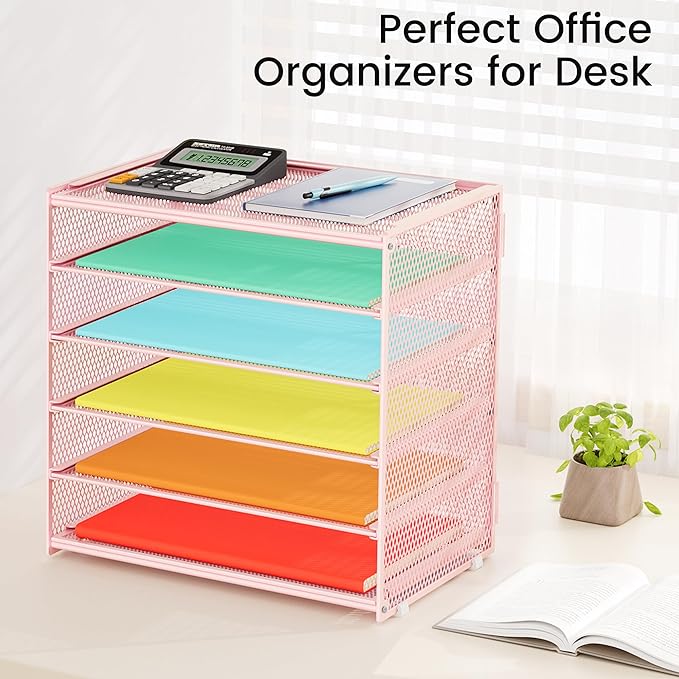 6 Tier Paper Organizer, Metal Mesh Desk File Folder, Letter Tray Organizer, Paper Sorter Desk Organizers for Office, Home or School File Folder Holder - Pink