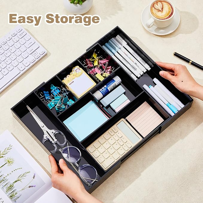 Briwooody 1 Pcs Acrylic Desk Drawer Organizer 9'' up to 18'' x 12'' x 2.1'' Expandable Drawer Organizer Trays with 8 Adjustable Compartments Black Desk Accessories for Makeup Office Bathroom
