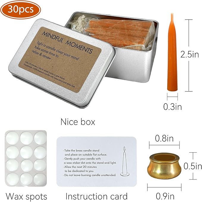 Mini Taper Candle Meditation Candles,Pumpkin 20 Minute Prayer Candlestick Dripless Beeswax Candles with Brass Candle Holder for Yoga & Spiritual Rituals,30-ORABRO