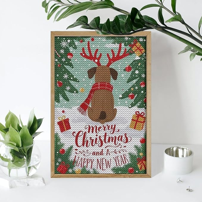 AIVKIEJK Diamond Painting Kits for Adults - Merry Christmas and Happy New Year Red Antlers & Scarf Painting DIY 5D Full Drill Diamond Dots Paintings with Diamonds Gem Art and Crafts Home Decor 8"x12"