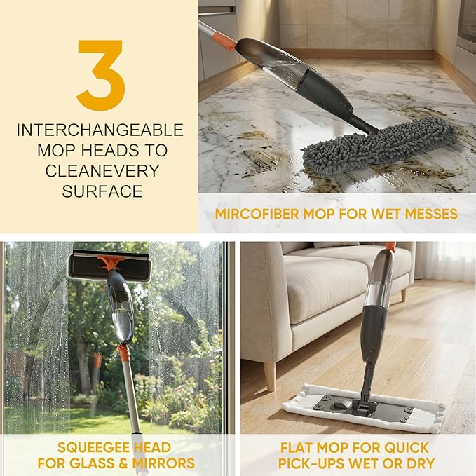 3-in-1 Upgraded Spray Mops for Floor & Window Cleaning with 3pcs Pads - Broom/ Mop/ Window Squeegee, Wet Dry Microfiber Mop with 520ml Bottle for Kitchen Wood Floor Hardwood Ceramic Tile Dust Cleaning