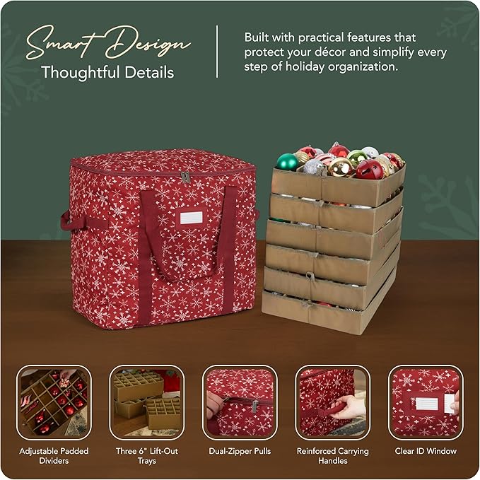 Covermates Keepsakes Adjustable Ornament Storage Bag – Heavy-Duty Polyester, Padded Dividers & FlexGrid Trays – Protective Holiday Ornament Organizer with Handles & Label Window, Red Snowflake